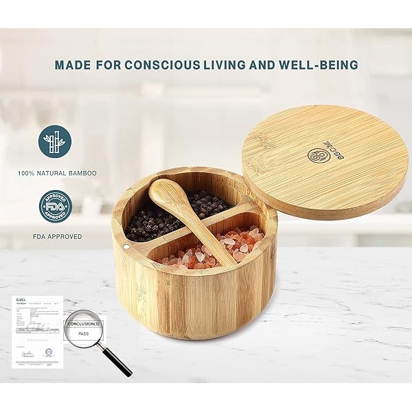 8SOM - Caja de sal y pimienta de bambú con tapa giratoria y cuchara integrada, tapa de cierre magnético para mantener el polvo fuera, recipiente de sal para almacenar pimienta, especias, hierbas, sal marina, capacidad doble de 5 onzas - Image 6
