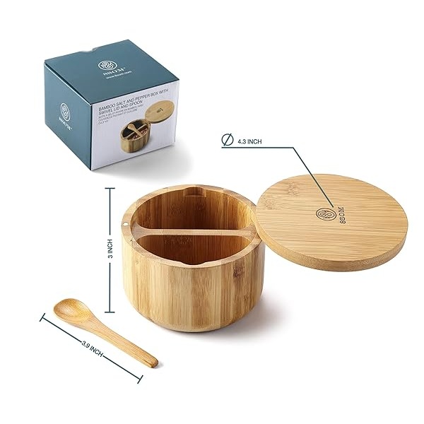 8SOM - Caja de sal y pimienta de bambú con tapa giratoria y cuchara integrada, tapa de cierre magnético para mantener el polvo fuera, recipiente de sal para almacenar pimienta, especias, hierbas, sal marina, capacidad doble de 5 onzas - Image 7