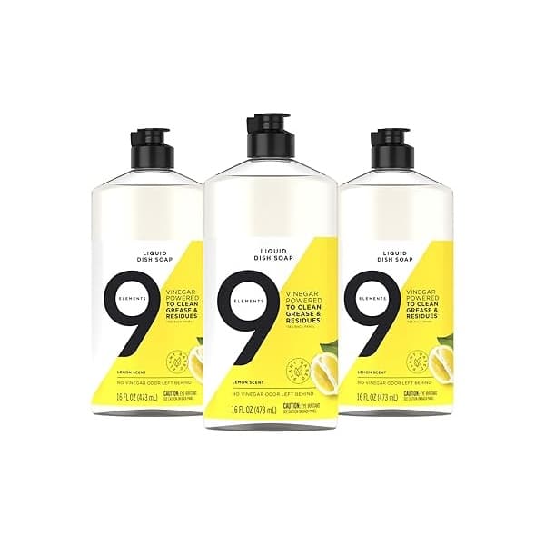 9 Elements Jabón líquido para lavavajillas, limpiador de vinagre con aroma de limón, 3 unidades x botellas de 16 onzas