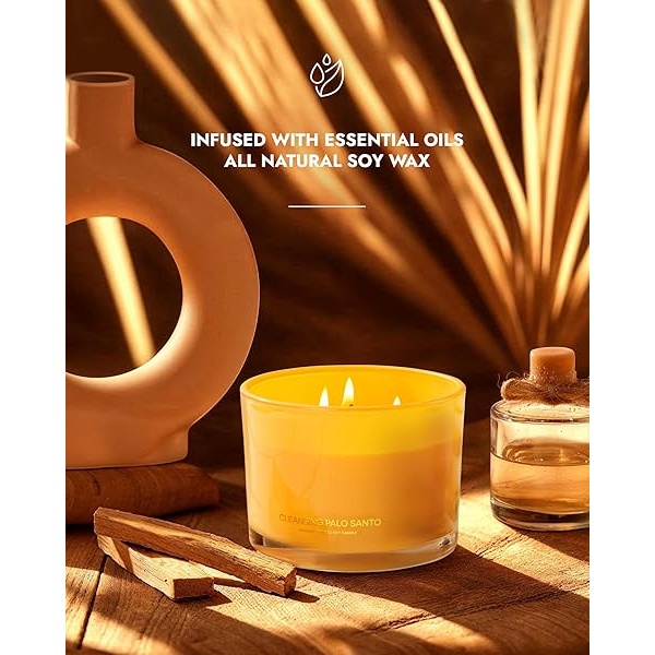 96NORTH - Vela de lujo de Palo Santo | Vela grande de 3 mechas | Hasta 50 horas de tiempo de combustión | Cera de soja 100% natural | Velas estéticas de aromaterapia relajantes | Regalo de - Image 3