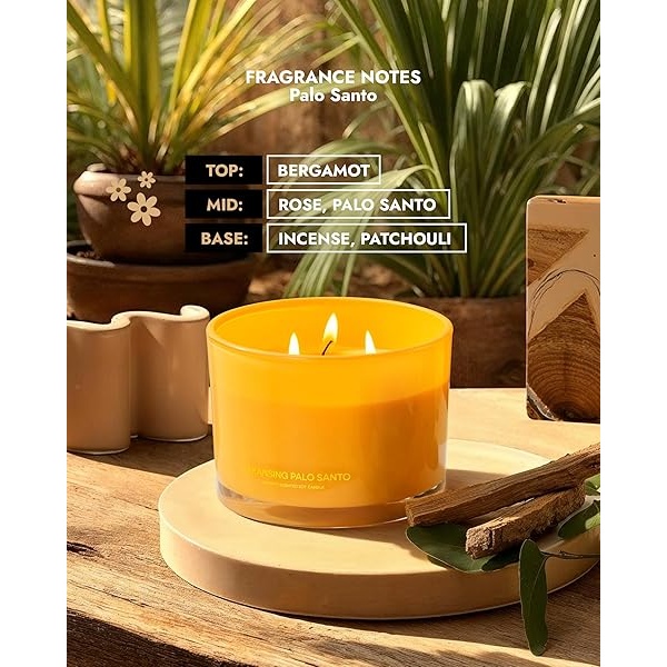 96NORTH - Vela de lujo de Palo Santo | Vela grande de 3 mechas | Hasta 50 horas de tiempo de combustión | Cera de soja 100% natural | Velas estéticas de aromaterapia relajantes | Regalo de - Image 5