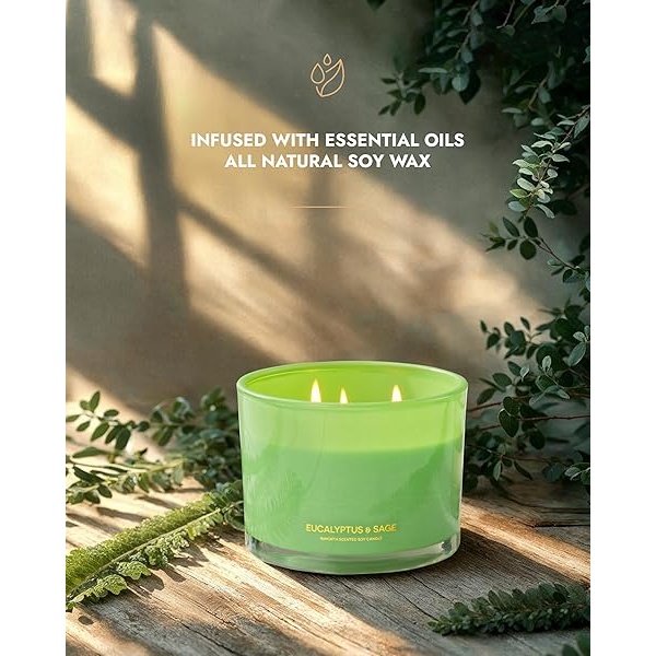 96NORTH - Vela de soja de lujo de eucalipto y salvia, vela grande de 3 mechas, hasta 50 horas de tiempo de combustión, cera de soja 100% natural, regalo de inauguración de la casa para hombres y mujeres - Image 3
