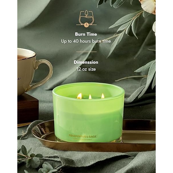96NORTH - Vela de soja de lujo de eucalipto y salvia, vela grande de 3 mechas, hasta 50 horas de tiempo de combustión, cera de soja 100% natural, regalo de inauguración de la casa para hombres y mujeres - Image 4