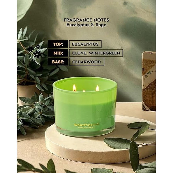 96NORTH - Vela de soja de lujo de eucalipto y salvia, vela grande de 3 mechas, hasta 50 horas de tiempo de combustión, cera de soja 100% natural, regalo de inauguración de la casa para hombres y mujeres - Image 5