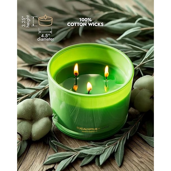 96NORTH - Vela de soja de lujo de eucalipto y salvia, vela grande de 3 mechas, hasta 50 horas de tiempo de combustión, cera de soja 100% natural, regalo de inauguración de la casa para hombres y mujeres - Image 6