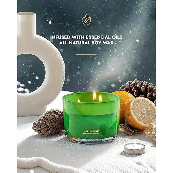 96NORTH Vela de soja de pino de lujo | Vela grande de 3 mechas | Hasta 40 horas de tiempo de combustión | Cera de soja 100% natural | Vela estética relajante de aromaterapia - Image 3