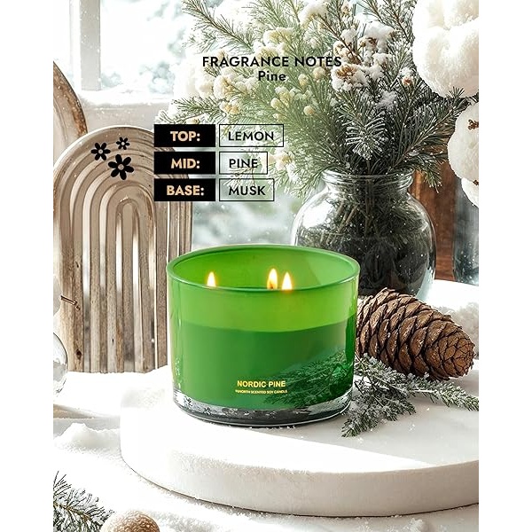 96NORTH Vela de soja de pino de lujo | Vela grande de 3 mechas | Hasta 40 horas de tiempo de combustión | Cera de soja 100% natural | Vela estética relajante de aromaterapia - Image 5