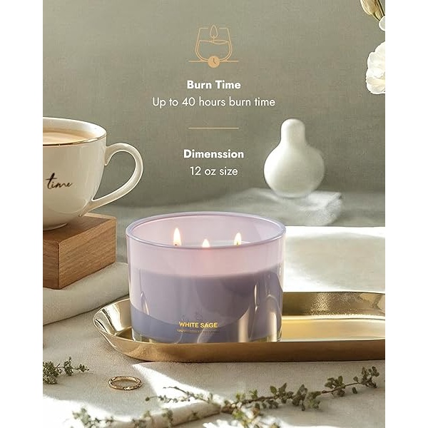 96NORTH - Vela de soja de salvia blanca de lujo | Vela grande de 3 mechas | Hasta 50 horas de tiempo de combustión | Cera de soja 100% natural | Vela estética de aromaterapia relajante | Regalo de inauguración de la casa para mujeres y hombres - Image 4