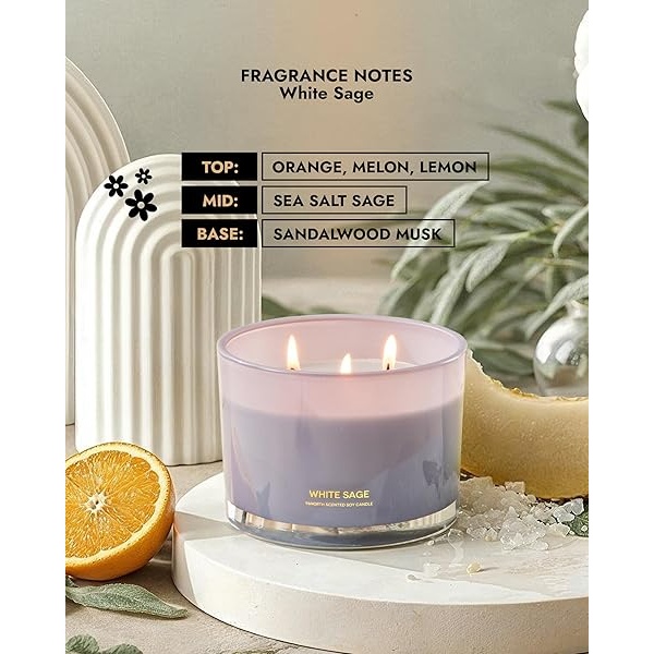 96NORTH - Vela de soja de salvia blanca de lujo | Vela grande de 3 mechas | Hasta 50 horas de tiempo de combustión | Cera de soja 100% natural | Vela estética de aromaterapia relajante | Regalo de inauguración de la casa para mujeres y hombres - Image 5