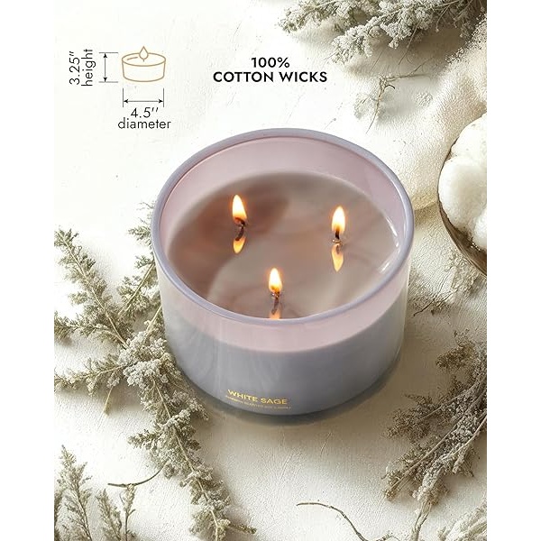 96NORTH - Vela de soja de salvia blanca de lujo | Vela grande de 3 mechas | Hasta 50 horas de tiempo de combustión | Cera de soja 100% natural | Vela estética de aromaterapia relajante | Regalo de inauguración de la casa para mujeres y hombres - Image 6