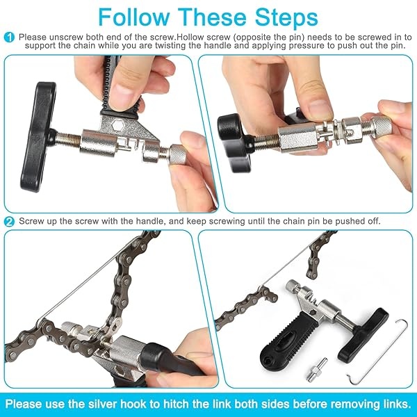 A AKRAF - Alicates de eslabones para bicicleta + herramienta divisora de cadena + verificador de cadena + 3 pares de eslabones que faltan para bicicleta, abridor de eslabones de bicicleta, alicates de cierre de cadena, conector indicador de desgaste (nueva versión) - Image 6