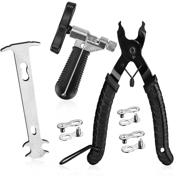 A AKRAF - Alicates de eslabones para bicicleta + herramienta divisora de cadena + verificador de cadena + 3 pares de eslabones que faltan para bicicleta, abridor de eslabones de bicicleta, alicates de cierre de cadena, conector indicador de desgaste (nueva versión)