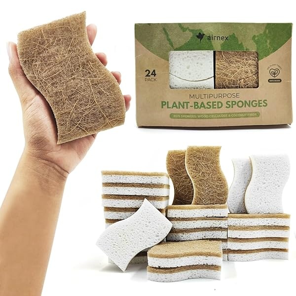 AIRNEX - Paquete de 24 esponjas naturales de cocina, biodegradables, compostables, celulosa y coco, esponjas ecológicas para platos