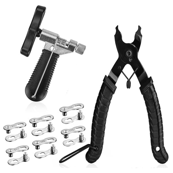 AKRAF Kit de herramientas de reparación de cadena de bicicleta con alicates de eslabones de bicicleta, herramienta divisora de disyuntor de cadena, 6 pares de eslabones perdidos de bicicleta, kit de herramientas mecánicas de bicicleta con removedor de eslabones maestro de cadena y conector