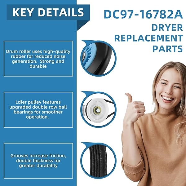 AMI PARTS - Kit de reparación de secadora DC97-16782A - Rodillo de secadora compatible con Samsung DV50K86EV/A3 DV40J3000EW/A2 incluye correa de secadora 6602-001655 DC93-00634A polea loca, con - Image 6