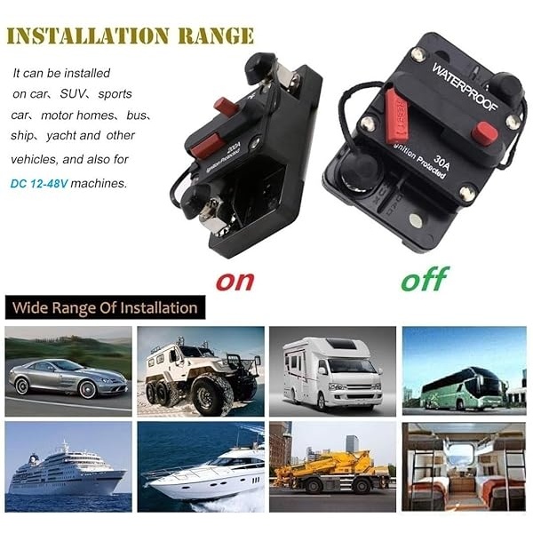 ANJOSHI Interruptor de circuito de 30 amperios 30A-300A con reinicio manual, inversor de fusibles en línea impermeable para motores marinos de trolling, barco, ATV, potencia manual, 12V-48VDC - Image 7