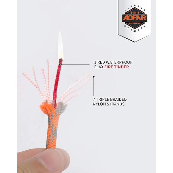 AOFAR Fire Starter AF-381 Fire Steel 5 en 1 para camping, senderismo, caza, mochilero, canotaje, barra de supervivencia de magnesio al aire última intervensión con paracord de fuego, brújula y - Image 5