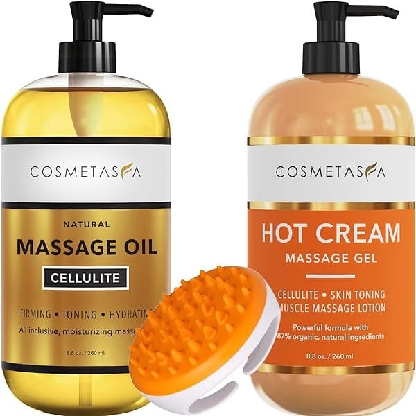 Aceite de masaje anticelulítico, gel y manopla – Tratamiento de celulitis 100% natural con gel de masaje de crema caliente, aceite y masajeador – Penetra la piel para romper el tela graso – firme, tonifica e hidrata la piel
