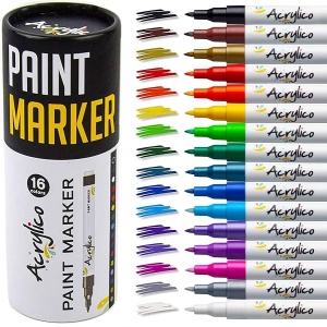 Acrylico SKIN1004 Juego de 16 rotuladores de pintura acrílica para pintura de roca, punta extrafina para madera, lona, plástico, cerámica, vidrio, suministros de manualidades de dibujo para adultos y niños para álbumes de recortes y dibujo