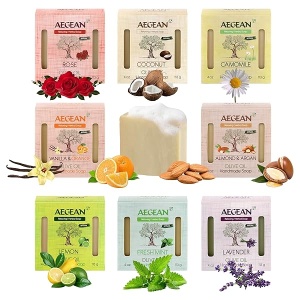 Aegean Juego de regalo de barra de jabón natural hecho a mano, jabón facial o jabón corporal, paquete de 8 jabones variados (coco, manzanilla, rosa, vainilla, limón, almendra y argán, lavanda, menta fresca) 4 onzas cada uno