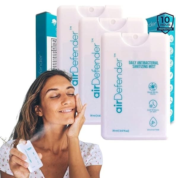 Airdefender - Spray antibacteriano de tamaño de viaje – 24 horas de protección contra gérmenes para cara, cuerpo, spray desinfectante de manos, desodorante natural sin alcohol, botella nano niebla