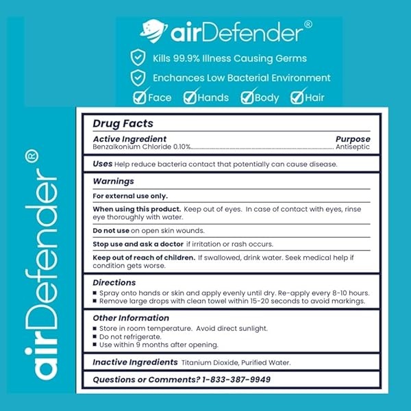 Airdefender - Spray antibacteriano de tamaño de viaje – 24 horas de protección contra gérmenes para cara, cuerpo, spray desinfectante de manos, desodorante natural sin alcohol, botella nano niebla - Image 3