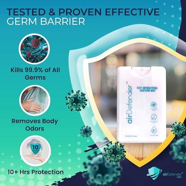 Airdefender - Spray antibacteriano de tamaño de viaje – 24 horas de protección contra gérmenes para cara, cuerpo, spray desinfectante de manos, desodorante natural sin alcohol, botella nano niebla - Image 4