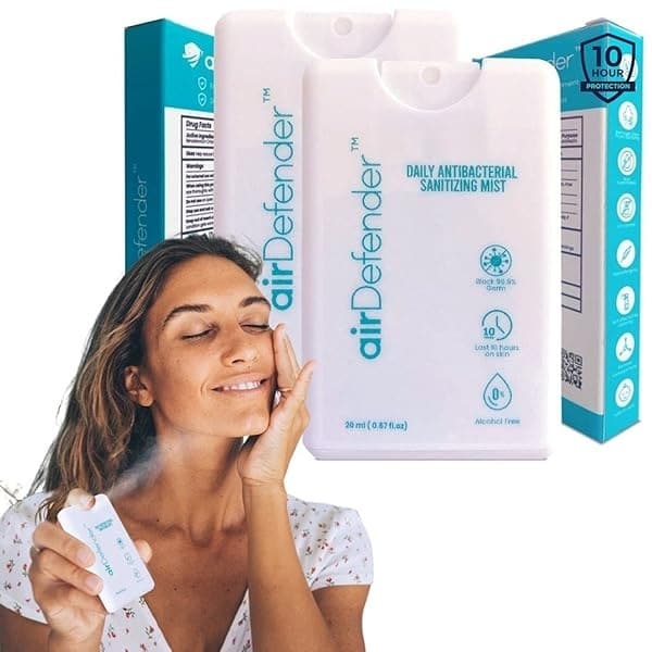 Airdefender - Spray antibacteriano de tamaño de viaje – 24 horas de protección contra gérmenes para cara, cuerpo, spray desinfectante de manos, desodorante natural sin alcohol, botella nano niebla