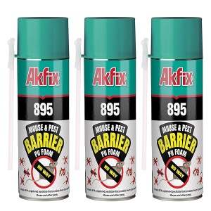 Akfix 895 - Espuma aislante en aerosol para bloques de plagas (3 x 5 onzas) - Relleno de huecos, bloqueador de agujeros para mouse, espuma expandible de poliuretano para barrera de roedores, relleno