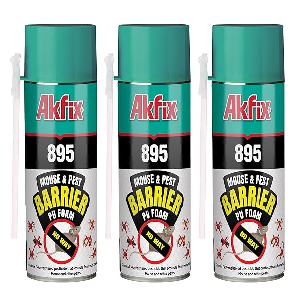 Akfix 895 - Espuma aislante en aerosol para bloques de plagas (3 x 5 onzas) - Relleno de huecos, bloqueador de agujeros para mouse, espuma expandible de poliuretano para barrera de roedores, relleno