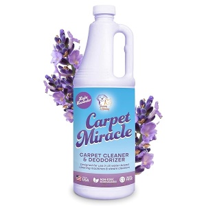 Alfombra Miracle - Solución limpiadora de alfombras para uso en máquina, removedor de manchas profundas y fórmula desodorizante de olores, uso en alfombras, tapicería de automóviles y alfombras (aroma de lavanda claro, 32 onzas líquidas)