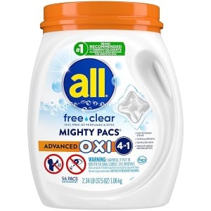 All Mighty Pacs Detergente para lavandería con quitamanchas Oxi y blanqueadores, Tub, 56