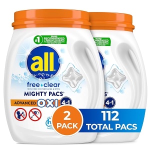 All Mighty Pacs Detergente para lavandería con quitamanchas Oxi y blanqueadores, transparente, 56 unidades, paquete de 2, 112 cargas totales