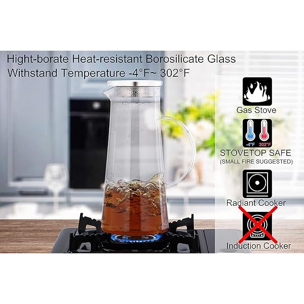 Apexstone Jarra de agua de vidrio de 1.5 litros con tapa y asa, jarra de jugo, jarra de agua fría, jarra de vidrio resistente al calor con tapa para té, jugo, leche, bebidas frías o calientes - Image 8