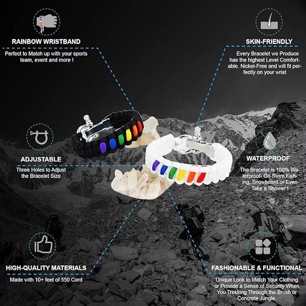 Arco iris tejido a mano Orgullo Unisex pulsera 100% hecho a mano al aire libre ajustable Paracord supervivencia grillete pulsera (Blanca , Grande) - Image 5