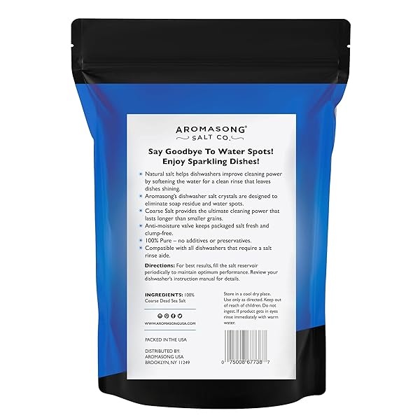 Aromasong Sal para lavavajillas – agente suavizante de agua 100% natural para platos más limpios y reactivación de lavadoras – Hecho de pura sal del Mar Muerto gruesa – Paquete de 5 libras - Image 7