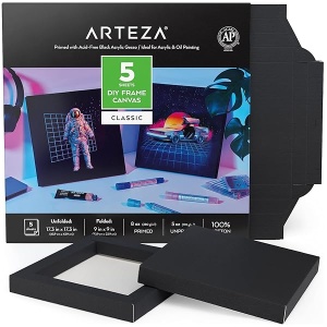 Arteza Lienzos de marco para pintura, 5 hojas, 9 x 9 pulgadas, plegados, 100% algodón, 8 onzas, lona negro cuadrado imprimado, suministros de arte para acrílico, óleo, témpera y pintura gouache