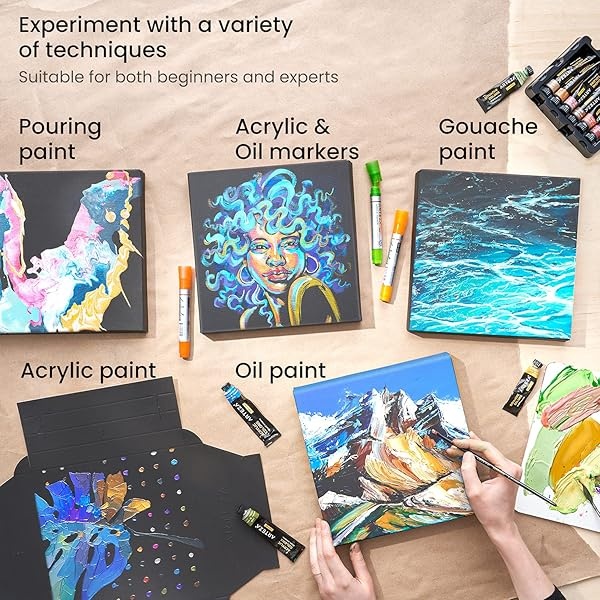 Arteza Lienzos de marco para pintura, 5 hojas, 9 x 9 pulgadas, plegados, 100% algodón, 8 onzas, lona negro cuadrado imprimado, suministros de arte para acrílico, óleo, témpera y pintura gouache - Image 5