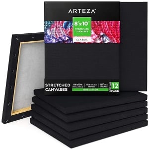 Arteza - Lienzos de pintura para pintura, paquete de 12, 8 x 10 pulgadas, lona negra en blanco a granel, lona estirada 100% algodón, imprimada en geso, suministros de arte para adultos, para verter acrílico y pintura al óleo