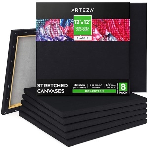 Arteza - Lienzos de pintura para pintura, paquete de 8, 12 x 12 pulgadas, lona cuadrado negro a granel, lona estirado 100% algodón, imprimado en geso, suministros de arte para adultos, para verter acrílico y pintura al óleo