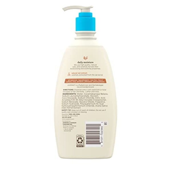 Aveeno Baby Daily Moisture Gentle Bath Wash & Shampoo with Natural Oat Extract, Hypoallergenic, Tear-Free & Paraben-Free Formula For Sensitive Hair & Skin, Lightly Scented, 18 Fl Oz (Pack of 3) - Image 6