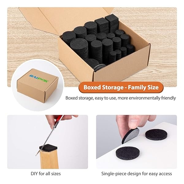 BAIPOK - Juego de 300 almohadillas de fieltro para muebles de alta calidad, autoadhesivas de 5 mm de grosor, protectores de suelo antiarañazos para patas de silla de escritorio y 60 parachoques de goma para suelos de azulejos de madera dura - Image 4