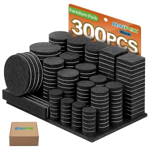 BAIPOK - Juego de 300 almohadillas de fieltro para muebles de alta calidad, autoadhesivas de 5 mm de grosor, protectores de suelo antiarañazos para patas de silla de escritorio y 60 parachoques de goma para suelos de azulejos de madera dura