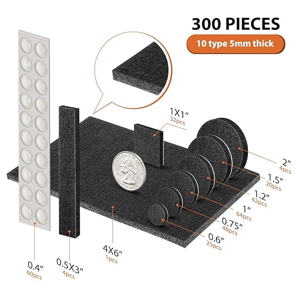 BAIPOK - Juego de 300 almohadillas de fieltro para muebles de alta calidad, autoadhesivas de 5 mm de grosor, protectores de suelo antiarañazos para patas de silla de escritorio y 60 parachoques de goma para suelos de azulejos de madera dura - Image 5