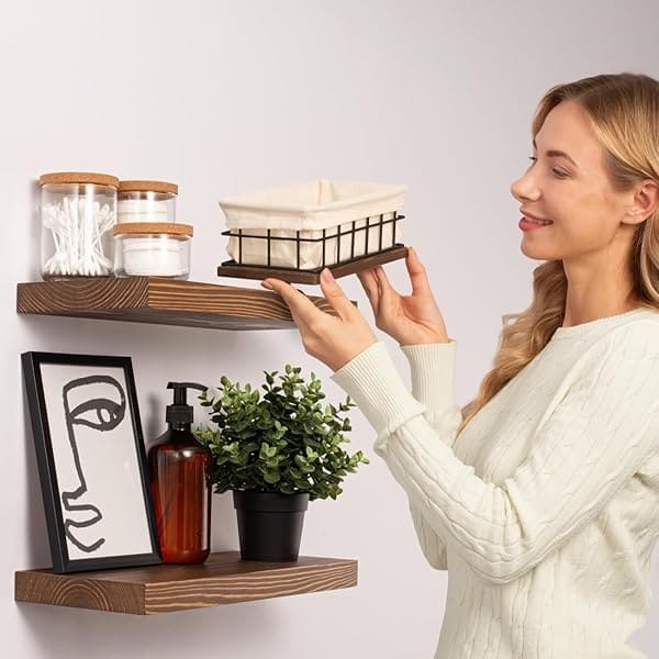 BAOBAB WORKSHOP - Estantes flotantes de madera de 16 pulgadas - Estantes de baño para montaje en pared - Estantes anchos de pared de madera para recámara, cocina, sala de estar, nogal, 16D x 6.7W - Image 3