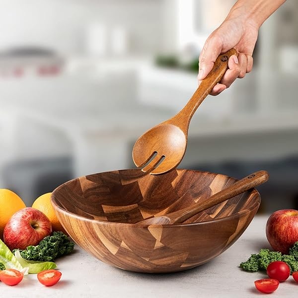 BF BILL.F SINCE 1983 Ensaladera de madera de acacia de 12 pulgadas, juego de cuencos grandes para ensalada de frutas con servidores, juego de 3 cuencos grandes - Image 3