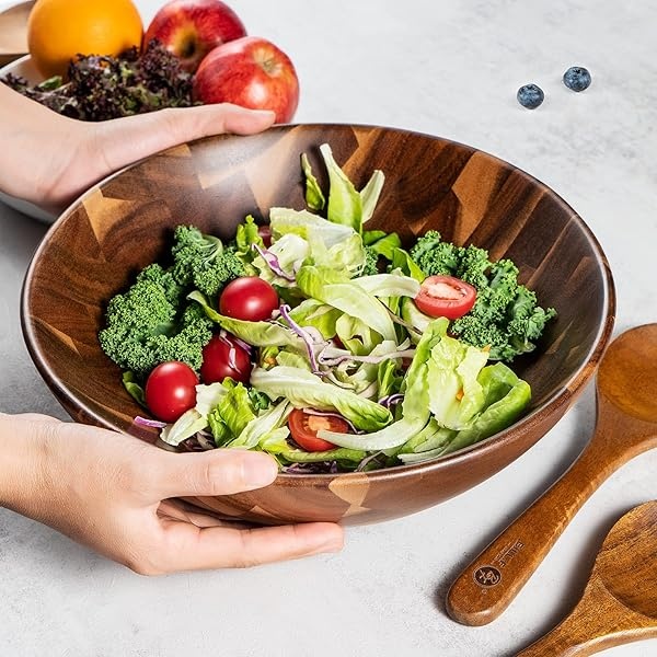 BF BILL.F SINCE 1983 Ensaladera de madera de acacia de 12 pulgadas, juego de cuencos grandes para ensalada de frutas con servidores, juego de 3 cuencos grandes - Image 4