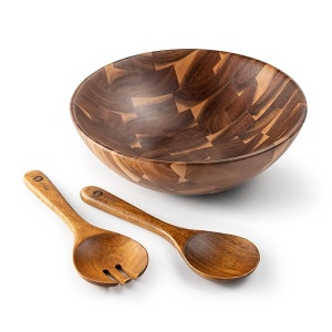 BF BILL.F SINCE 1983 Ensaladera de madera de acacia de 12 pulgadas, juego de cuencos grandes para ensalada de frutas con servidores, juego de 3 cuencos grandes
