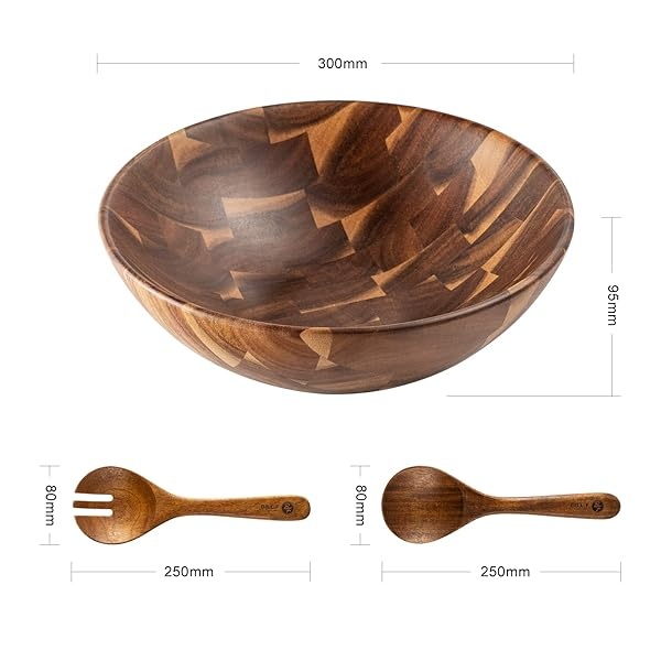 BF BILL.F SINCE 1983 Ensaladera de madera de acacia de 12 pulgadas, juego de cuencos grandes para ensalada de frutas con servidores, juego de 3 cuencos grandes - Image 5