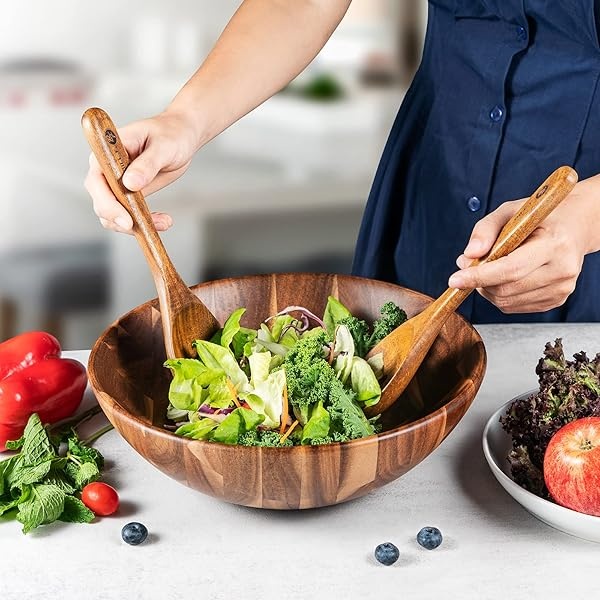 BF BILL.F SINCE 1983 Ensaladera de madera de acacia de 12 pulgadas, juego de cuencos grandes para ensalada de frutas con servidores, juego de 3 cuencos grandes - Image 7